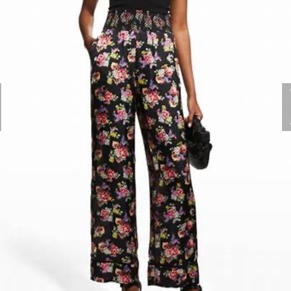 ALICE + OLIVIA SILKY HIGH WAIST PAJAMA PANTS IN BLACK FLORAL PRINT SIZE SMALL - Picture 1 of 13